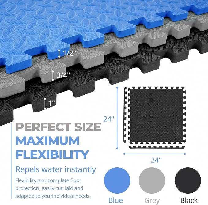 HulkFit Puzzle Exercise Mat, 3/4 Inch EVA Interlocking Foam Gym Flooring for Home Gym, Garage, Apartments, High-Density Shock-Absorbing Floor Tiles for Workout Equipment, MMA, Gymnastics, 24 Tiles