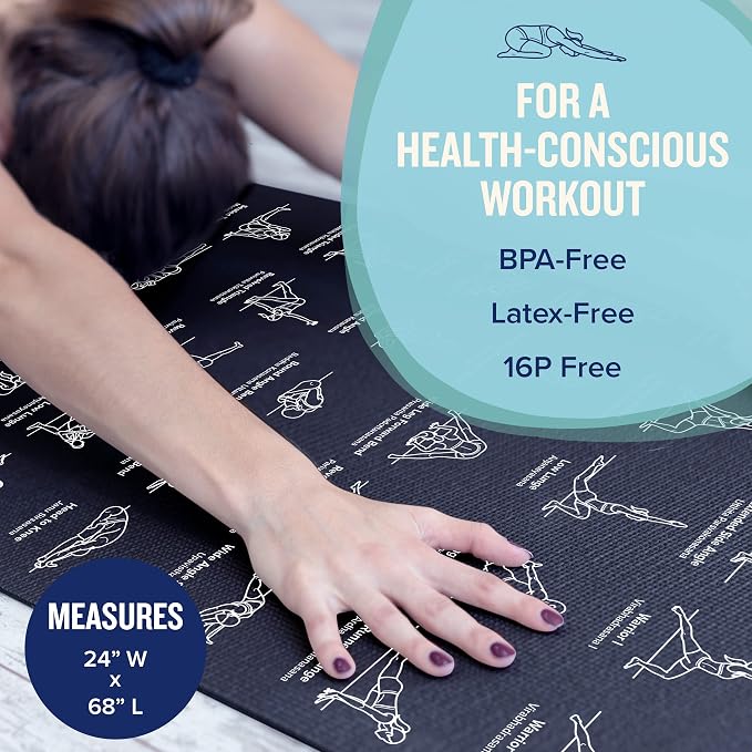 NewMe Fitness Yoga Mat for Women and Men - Large, 5mm Thick, 68 Inch Long, Non Slip Exercise Mats w/ 70 Printed Yoga Poses for Pilates, Workout and Stretching - Home and Gym Essentials