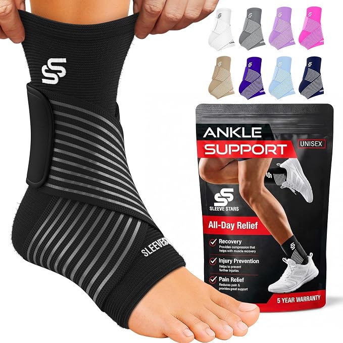 Sleeve Stars Ankle Brace for Women & Men, Ankle Wrap for Sprain, Compression Sleeve for Plantar Fasciitis Relief, Easy Customizable Support: w/ Removable Strap (Single/M:10"-12"/Black)