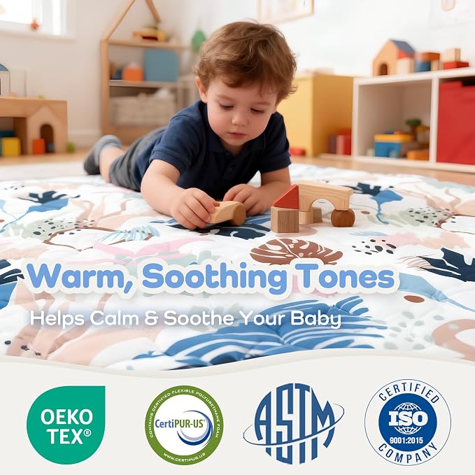 1.6" Thick Baby Play Mat, 50x50 Removable & Machine Washable Cover | Padded Memory Foam, Non-Slip Backing, 100% Baby-Safe Materials, Tummy Time Crawling, Outdoor, Bedroom, Living Room, Nursery