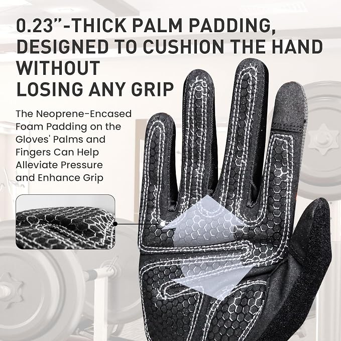 FINGER TEN Workout Gloves Full Finger with Padding 1 Pair | Shock Absorbing Palm Support, Non-Slip Extra Grip Control, Breathable Flexible Fit, for Exercise Weight Lifting Fitness