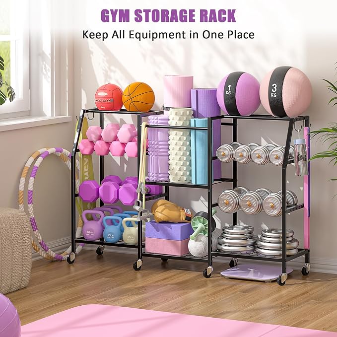 Dumbbell Rack, Yoga Mat Storage Rack, Home Gym Storage Rack for Kettlebells, Exercise Equipment Storage with Wheels and Hooks, All in One Home Gym Equipment Organizer