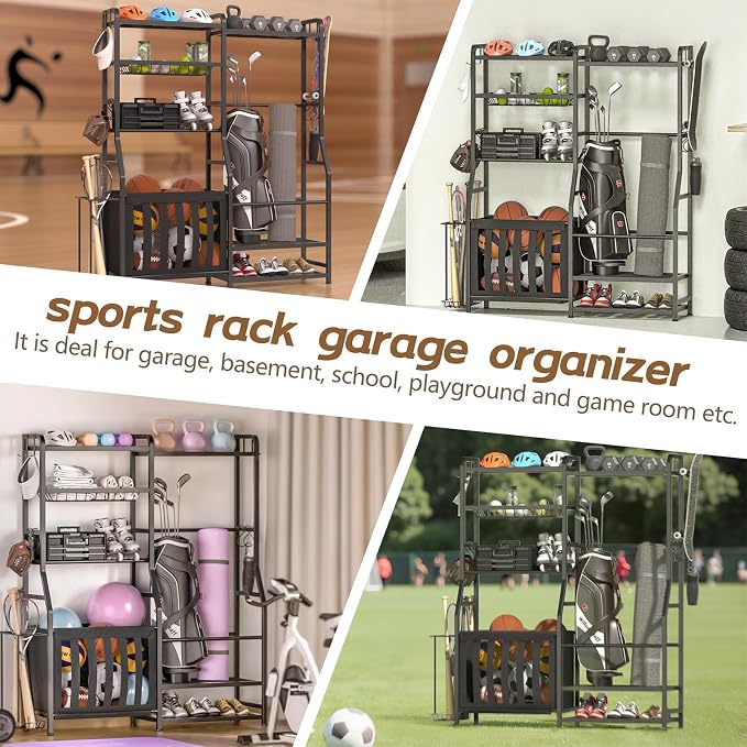 Faesun Garage Sports Equipment Organizer, Golf Bag Storage Rack, Heavy Duty Ball Holder with Basket & Hooks, Indoor/Outdoor Basketball Storage Bins for Toy Sports Gear Storage