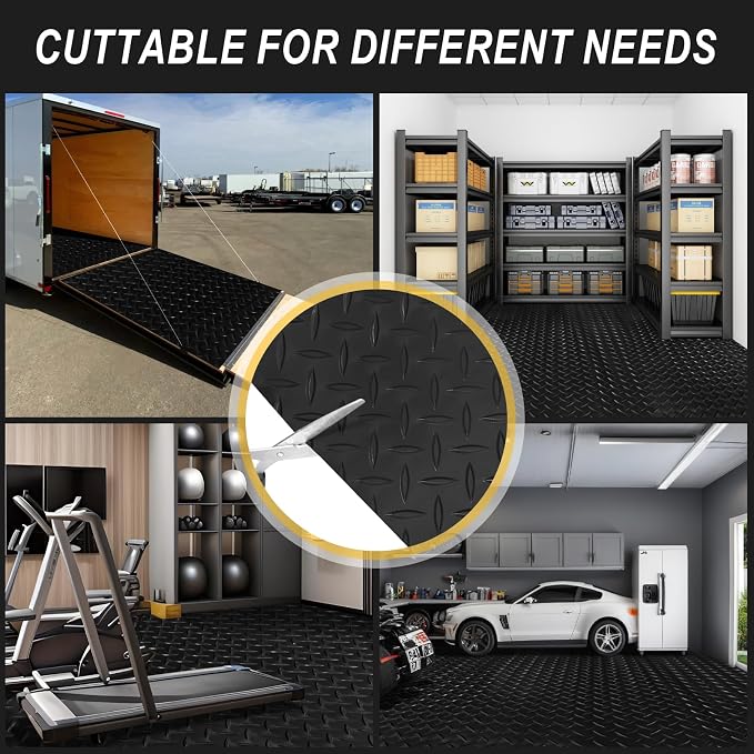 8x20 FT Garage Floor Mat, 2.8mm Thickened Flooring Roll for Under Car Diamond Plate PVC Rubber Mat with 20 Pcs Tapes, Non-Slip Floor Mat for Garage, Warehouse, Gyms, Trailer, Black