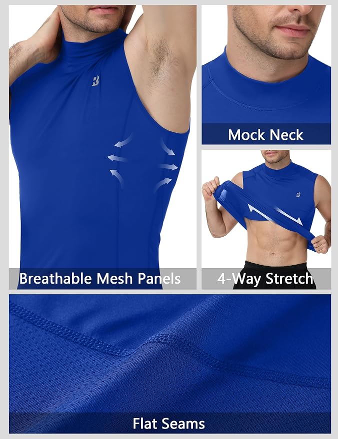 Roadbox Men's Compression Tank Top, Mock Turtleneck Sleeveless Shirt, Fitted Athletic Base Layer for Gym Workout