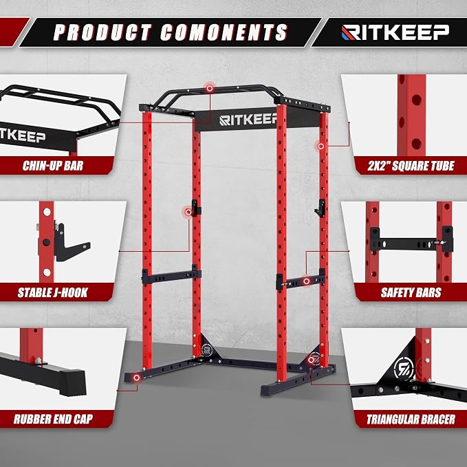 RitKeep Power Rack, Adjustable Multi-Function Squat Rack for Home Gym | 3-in-1 Power Cage with 1200LB Capacity, J-hooks, safety bars and multi-grip pull-up bar for strength training -RMAX 2250