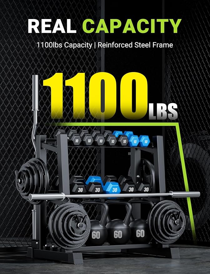 YOLEO Dumbbell Rack Stand Only, 1100LBS Heavy Duty Weight Rack for Home Gym, Adjustable 3-Tier Weight Storage Rack for Dumbbells, Barbells, Kettlebells & Weight Plates, Compact Workout Equipment Organizer