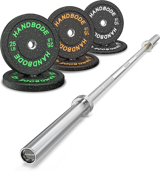 HANDBODE Olympic Barbell Set, 2-Inch Bumper Plates with Weight Plate Rack | Colored Crumb Rubber Weight Plates for Weight Lifting & Strength Training, 90–530 lb Set with 45 LB (20 kg) Olympic Barbell
