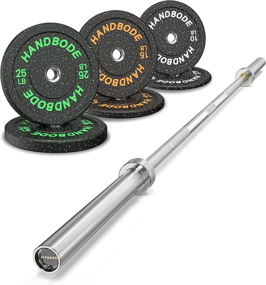 HANDBODE Olympic Barbell Set, 2-Inch Bumper Plates with Weight Plate Rack | Colored Crumb Rubber Weight Plates for Weight Lifting & Strength Training, 90–530 lb Set with 45 LB (20 kg) Olympic Barbell