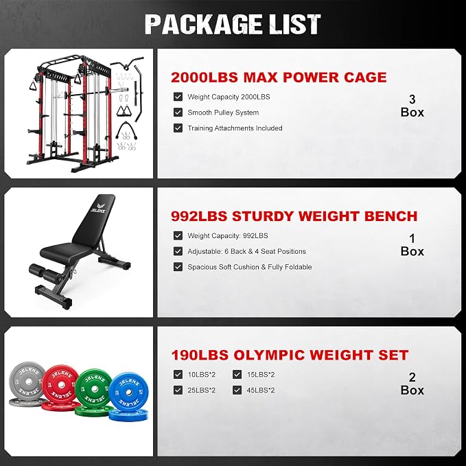 JELENS M21 Smith Machine, Multi-Function Power Cage with Dual Pulley Cable Crossover System, 2000LBS All-in-One Squat Rack with Smith Bar and Attachments for Home Gym