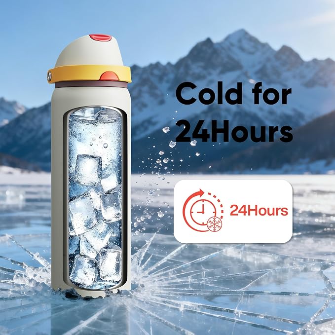 Insulated Water Bottle with Straw - Encool Stainless Steel Water Bottle with Push Button Lid, Leak-Proof & BPA-Free, Keeps Cold for 24 Hours for Sports, Travel, Gym (32 oz, Quill Grey-Red)