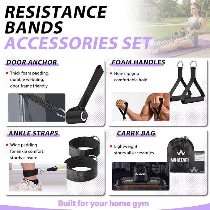 WHATAFIT Resistance Bands with Handles, 5-Level Exercise Bands for Workout | Natural latex,10-50 lbs, stackable to 150,Ankle Straps, Door Anchor,Guide. For Strength, Yoga,Home Gym,Travel & Workout.