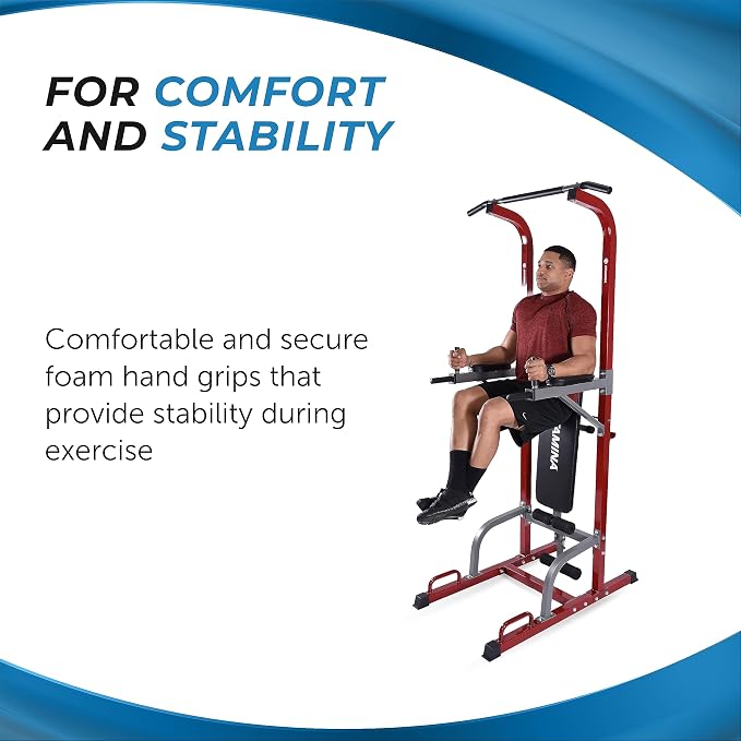 Stamina Full Body Power Tower 735 - Dip Bar with Built-in Bench and Rack - Pull Up Bar Station with Smart Workout App - Dip Bars for Home Workout - Up to 300 lbs Weight Capacity | Dip Bar with Built-in Bench and Rack; Pull Up Bar Station with Smart Wor...