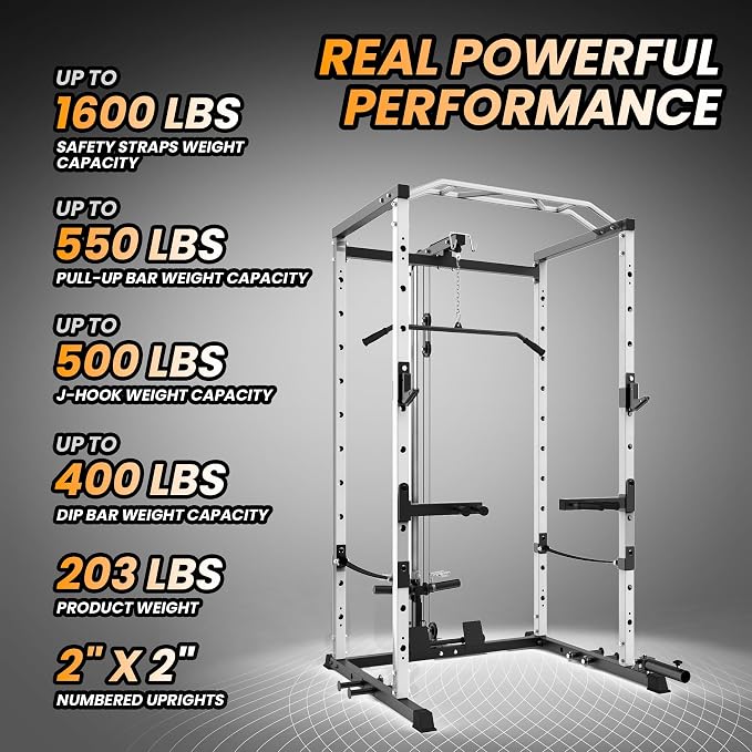 GarveeLife Power Cage, Multi-Function Squat Rack with LAT Pulldown, 1600 LBS Weight Capacity Fitness Power Rack with Cable Pulley System and j-Hooks, Dip Bars and Landmine Attachment for Home Gym