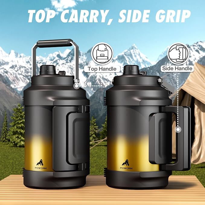 POWCAN 128 oz Insulated Water Bottle: 2-in-1 Straw Spout Lid, Dual Handle, Leakproof, Keep Cold 48H, Gallon Stainless Steel Water Jug for Camping, Travel, Gym, Hydration, Fitness, Daily (King)