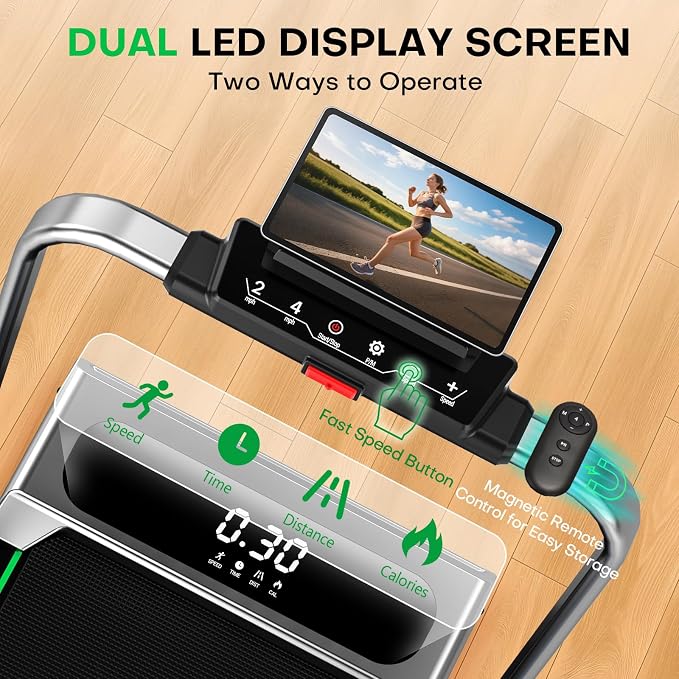 Treadmills for Home, App Compatible, 5 in 1 7.5MPH Foldable Treadmill with 10% Incline, 3.0HP Brushless Drive, 12 HIIT Programs, Full Screen LED Display, Remote Control, 400 LBS Weight Capacity