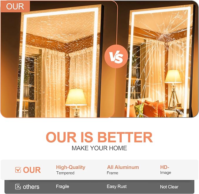 75" x 28" Full Length Mirror with Lights, LED Lighted Floor Standing Body Mirror, Dimmable & 3 Color Lighting for Bedroom, Cloakroom, Dressing Room, Tempered Glass, Black Frame