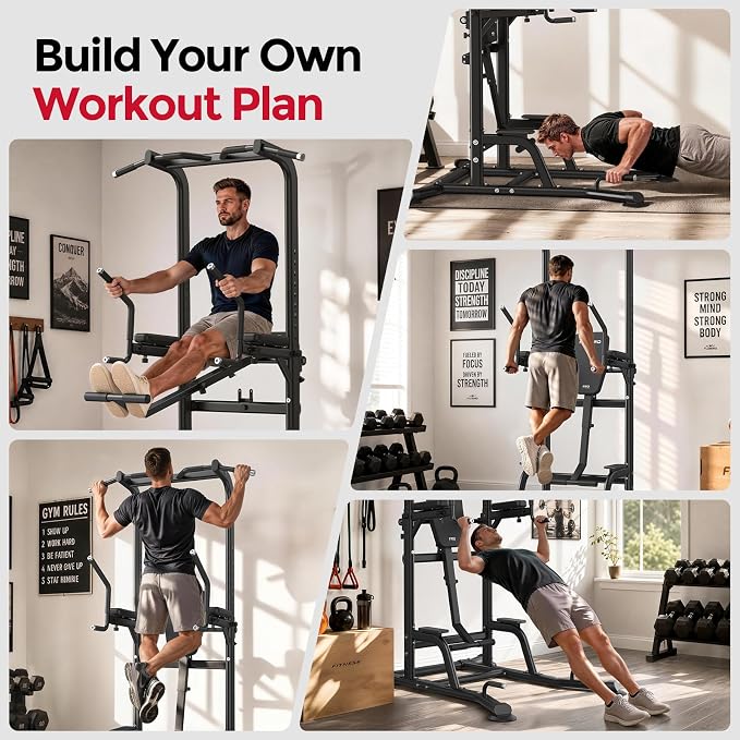 Heavy Duty Power Tower, Light Commercial Grade Steel Frame, 800 LBS Weight Capacity, Multi-Function Pull Up Bar & Dip Station with Crunch Leg Raise, Home Gym Gear for Back and Core Workout