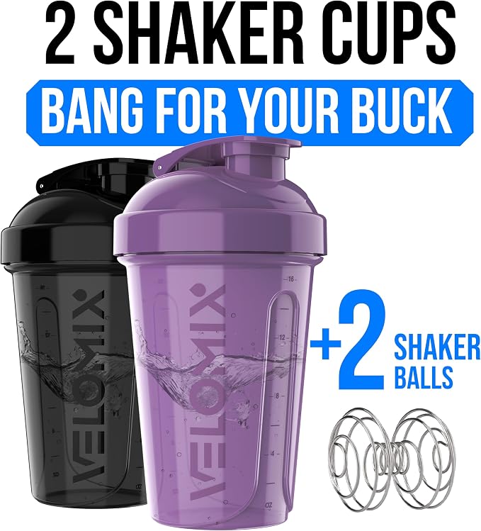 VELOMIX 2 Pack 20oz Protein Shaker Bottle for Protein Mixes, Purple/Black | 2x Wire Whisk, Leak Proof Shaker Cups for Protein Shakes, Stackable, Dishwasher safe, BPA free, Pre Workout and Gym ready