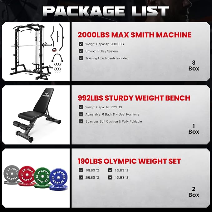 SR01 Smith Machine, 2000LBS Multi-Function Power Cage with LAT Pulldown System, All-in-One Home Gym Squat Rack with Smith Bar and Training Attachments for Full Body Workouts