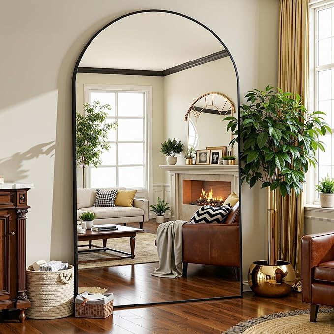 Full Length Mirror 72" L x 44" Full Body Standing Mirror for Bedroom, Living Room, Gym, Dorm - Shatter-Resistant & Easy Assembly, Arched Style Black
