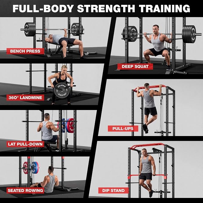 JELENS S11 Power Cage, 2000LB Multi-Function Power Rack with LAT Pulldown, Squat Rack with Adjustable Pulley System and Training Attachments, Weight Rack for Home Gym