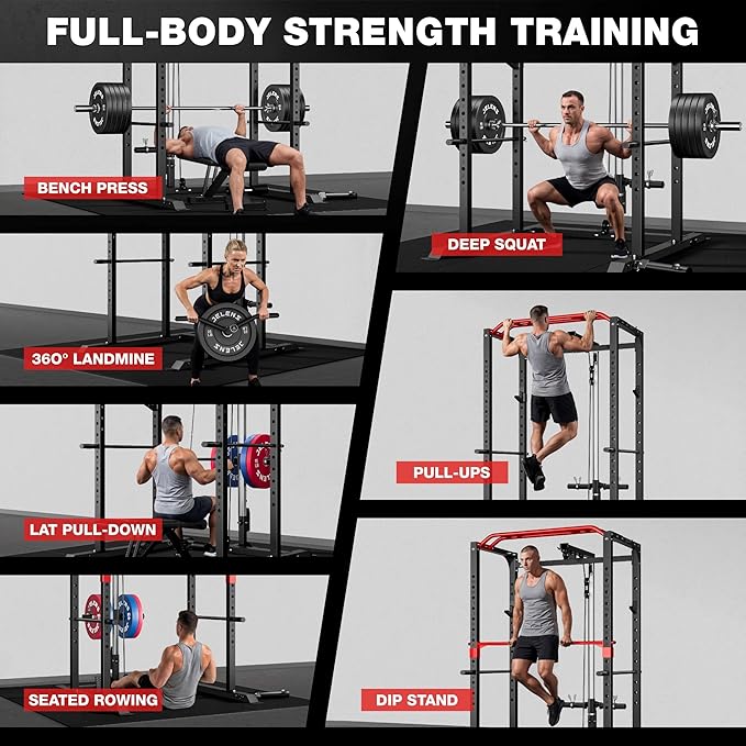 JELENS S11 Power Cage, 2000LB Multi-Function Power Rack with LAT Pulldown, Squat Rack with Adjustable Pulley System and Training Attachments, Weight Rack for Home Gym