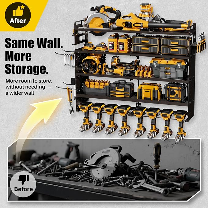 5-Tier Power Tool Organizer Wall Mount, 4-Outlet Charging Station, Garage Storage Rack with 8 Drill Holders, 34" Heavy Duty Metal Utility Shelf, Holds Over 30 Tools for Garage Workshop