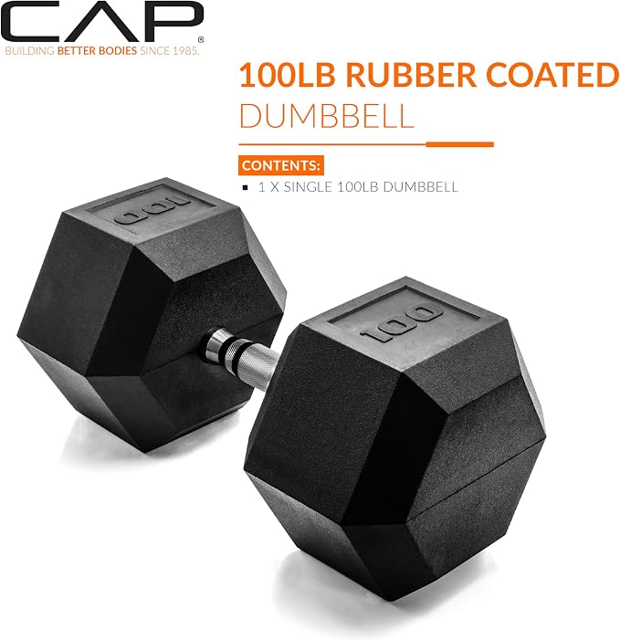 CAP Rubber Coated Dumbbell Weights, Free Weights for Home Gym Strength Training, Anti-Roll Hex Dumbbells with Black, Chrome & Comfort Grip Handles, Singles