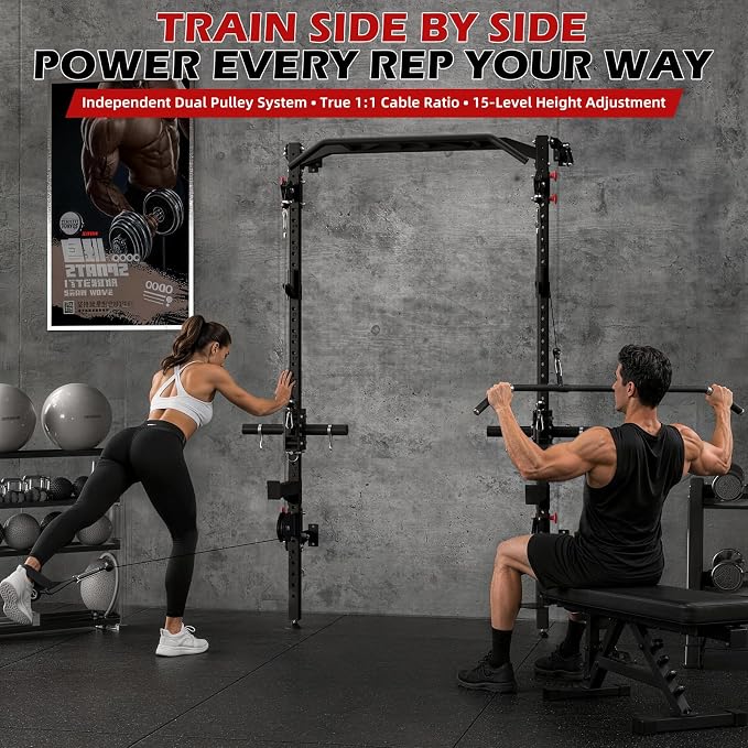 Wall Mounted Power Rack with Cable Crossover, Foldable Squat Rack | Dual Pulley System With Pull Up Bar, J-Hooks, 800 LB Capacity, Space-Saving Design for Full-Body Home Gym Strength Training