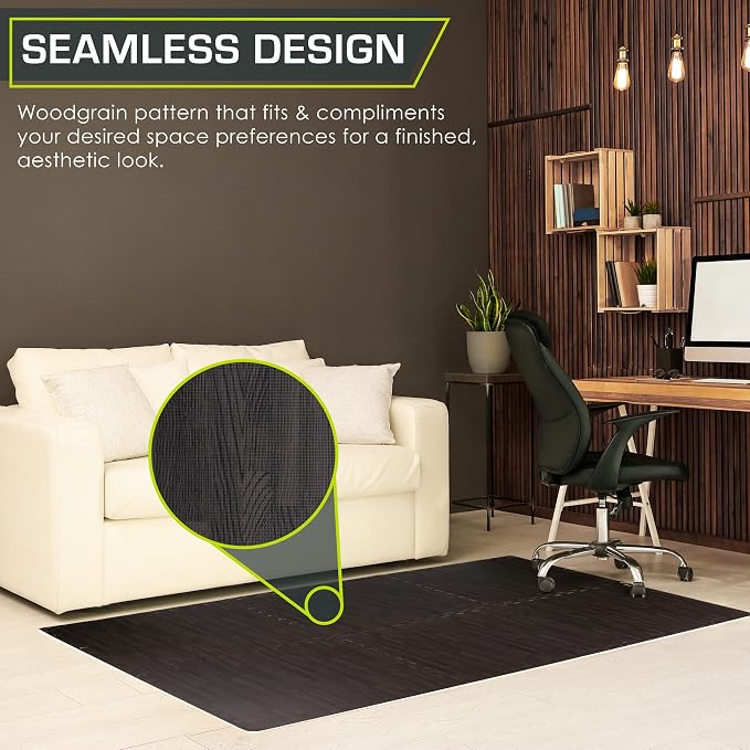 ProsourceFit Wood Grain Puzzle Mat ½-inch, 6 EVA Foam Interlocking Floor Tiles (24 SQ FT) for Secure Indoor Gym Flooring, Office Spaces, Living Rooms, and Play Areas, Carbon Black