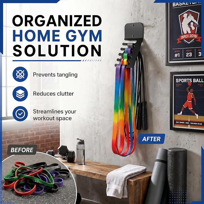 Hicarer Wall Mounted Gym Equipment Storage Rack Heavy Duty Metal Resistance Band Storage Rack Workout Organizer for Cable Attachments Lifting Belts Jump Ropes and Chains Home Gym Fitness Accessories