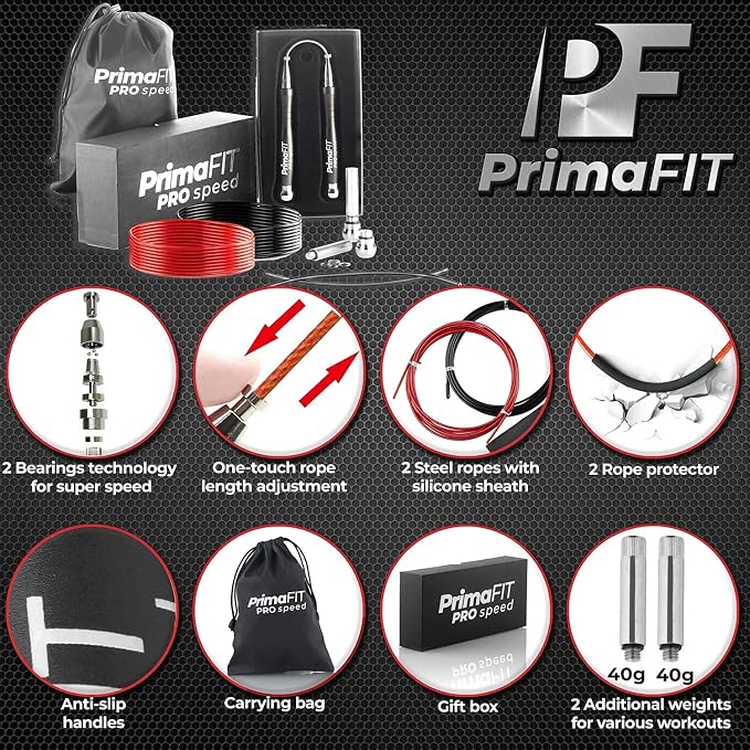 PrimaFIT Pro Speed Jump Rope for Adults, Weighted Skipping Rope for Boxing | Adjustable Jumping Rope for Fitness Workout & CrossFit Exercise, Double Unders, Handle Weights, 3m Cables 2 Protectors, Bag
