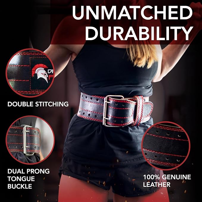 Dark Iron Fitness Genuine Leather Weightlifting Belt, 4 Inch Wide for Men Women with Double Prong Buckle Reinforced Stitching, Powerlifting Deadlift Squat Training Core Support Gym Strength Workout