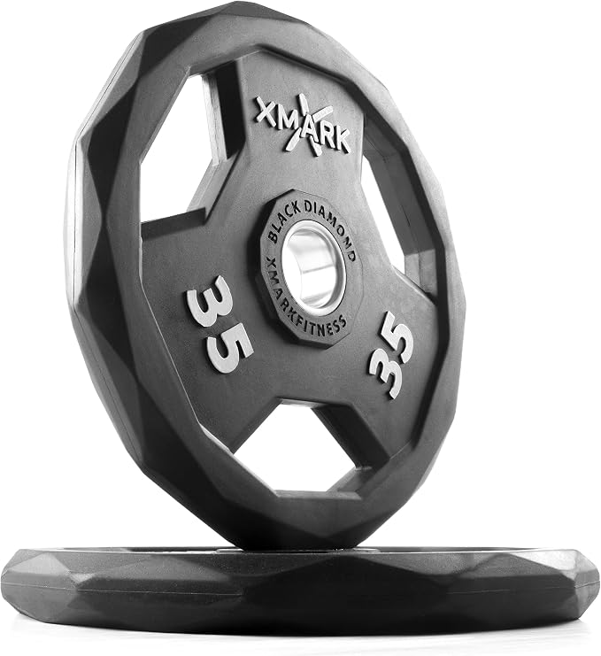 XMARK Black Diamond Olympic Weight Plates 2-Inch, Rubber Barbell Plates with Tri-Grip Handles for Home Gym Strength Training