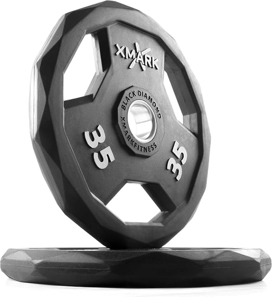 XMARK Black Diamond Olympic Weight Plates 2-Inch, Rubber Barbell Plates with Tri-Grip Handles for Home Gym Strength Training