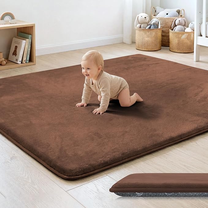 1.3" Thick Baby Floor Play Mat 50x50 Padded Foam Mat for Kids Brown | Memory Mat for Baby to Play on Floor Waterproof Easy Care with Non-Slip Tummy Time Play Mat for Nursery Playroom Classroom