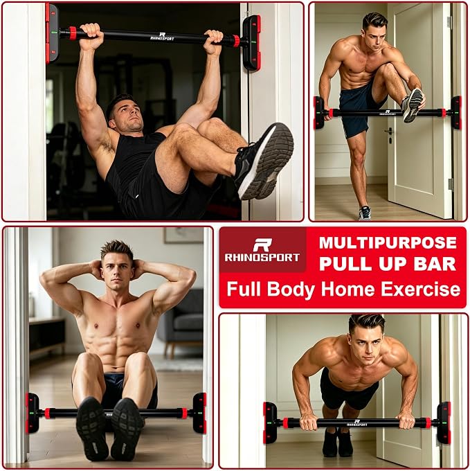 RHINOSPORT Door Pull Up Bar Doorway No-Screw from 69-92 cm (27.1in-36.2in) Workout Equipment for Home Gym Upper Body Workout Non-slip 2x EXTRA Foam Padding for Ultimate Door Frame Protection