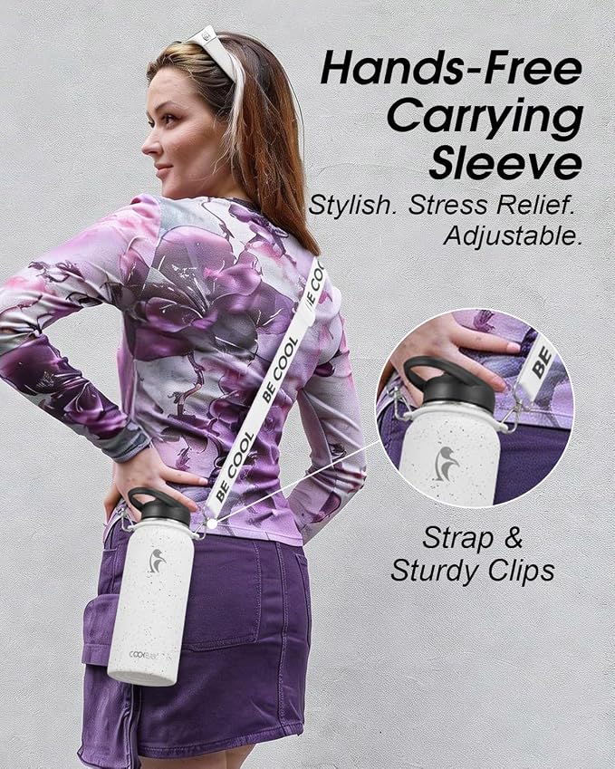 Coolflask 32 oz Water Bottle Insulated Stainless Steel with Strap | Metal Water Flask with Straw & Spout Lids, Triple-Wall, Cold 48+h, Dishwasher Safe, Leakproof, BPA-Free, for Gym & Hiking