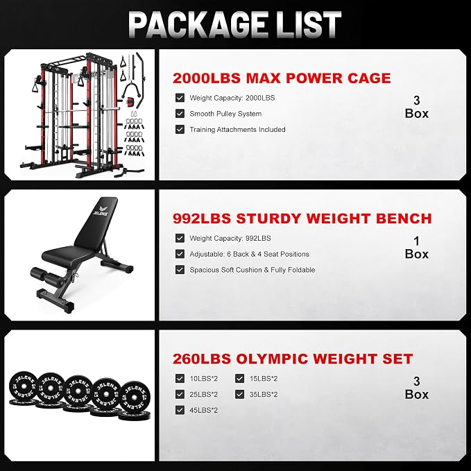 JELENS Smith Machine for Home Gym, Multi-Function M12 Power Cage with Cable Crossover System, Squat Rack with Smith Bar and More Attachment