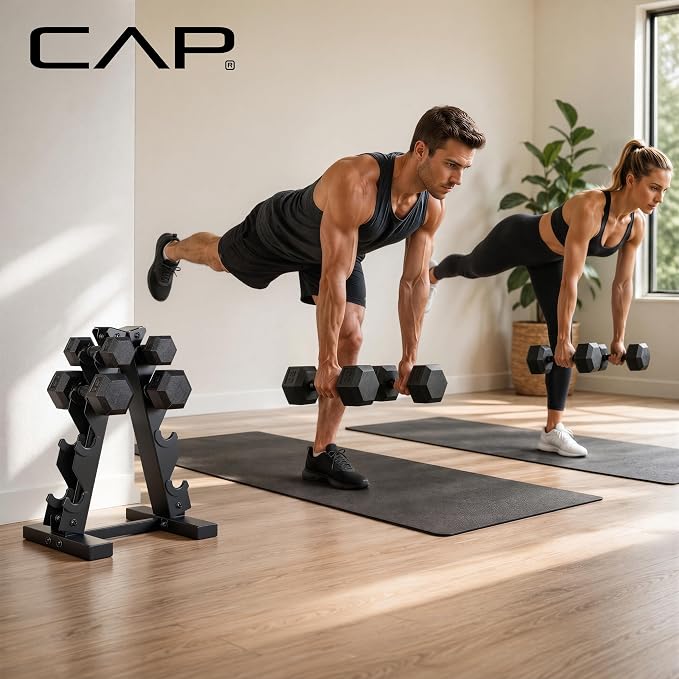 CAP Rubber Coated Hex Dumbbell Set with Storage Rack | 100–210 lb Options, Space-Saving Vertical Compact Storage for Home Gym Strength Training