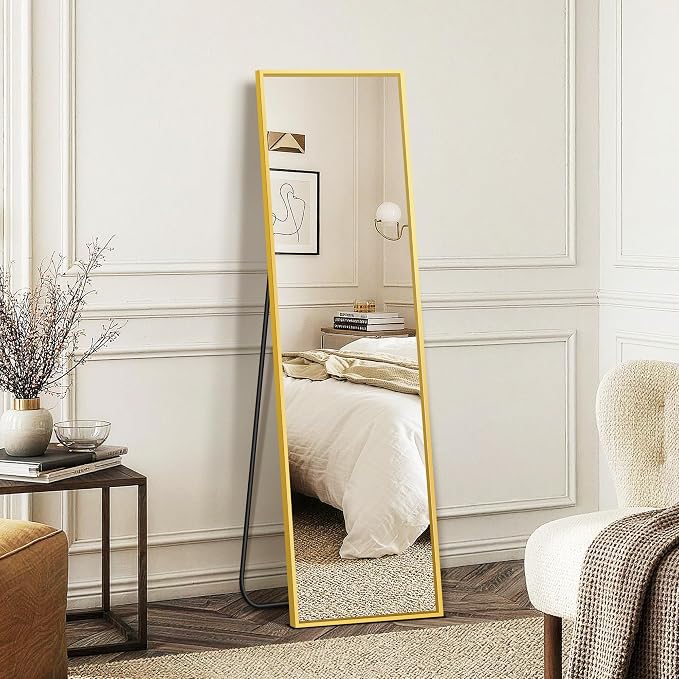 FICTOR Full Length Mirror with Stand, Floor Standing Mirror, 56"x15", Gold | HD Shatterproof Glass, Free-Standing or Wall-Mounted, Full Body Mirror for Bedroom, Living Room, Dressing Room, Entryway