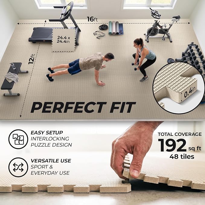 bemaxx Gym Mats Set - 48 pcs EVA Interlocking Foam Floor Tiles (24.4"x24.4"x0.4") 192 sqft Protective Gym Flooring Sports Home Workout Exercise Mats Puzzle Garage Fitness Play-Room Pool Treadmill Bike