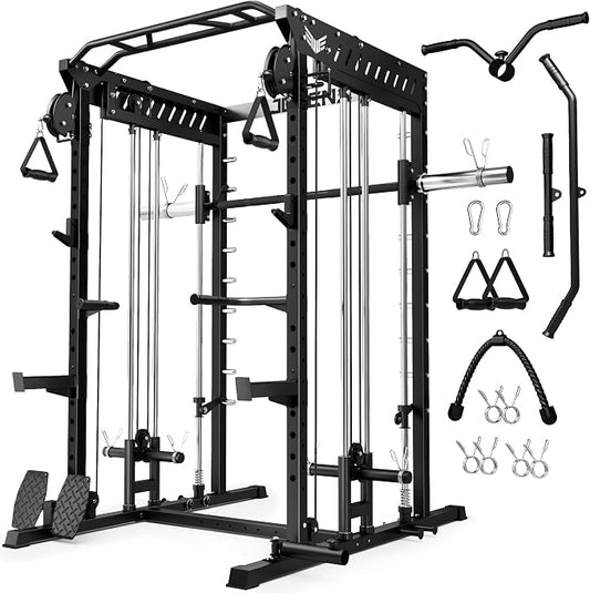 JELENS M21 Smith Machine, Multi-Function Power Cage with Dual Pulley Cable Crossover System, 2000LBS All-in-One Squat Rack with Smith Bar and Attachments for Home Gym