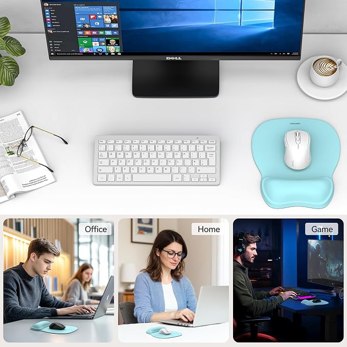 TECKNET Gel Ergonomic Mouse Pad with Wrist Rest, Non-Slip PU Base, LT.Blue | Comfortable Gel Cushion, Pain Relief, Smooth and Waterproof Surface, Mouse Pad with Wrist Rest for Office, Gaming and Study