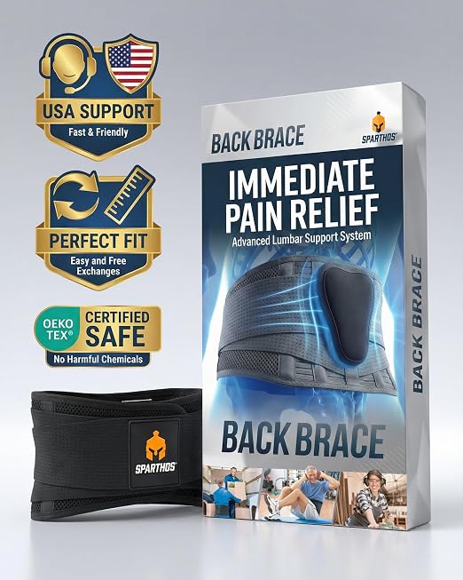 Sparthos Back Brace for Women & Men, Sciatica, Lower Back Pain - Black-XXL