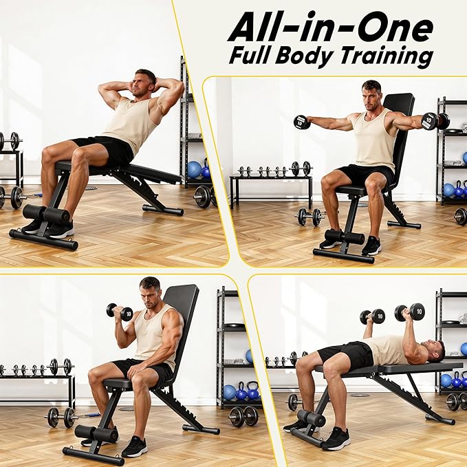 Adjustable Weight Bench for Home Gym, 600LBS Capacity Foldable Workout Bench with 7 Backrest Positions for Full Body Exercise, Compact for Small Spaces, Incline Decline Flat Bench with Quick Adjustment & Easy Folding
