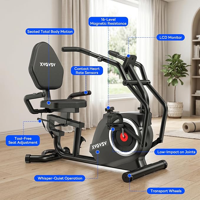 Recumbent Exercise Bike, Stationary Bike for Home with Arm Exercise | Recumbent Bike with 400LB Whisper-Quiet 16 Levels Magnetic Resistance Heart Rate and Multi-Function LCD Comfortable Seat