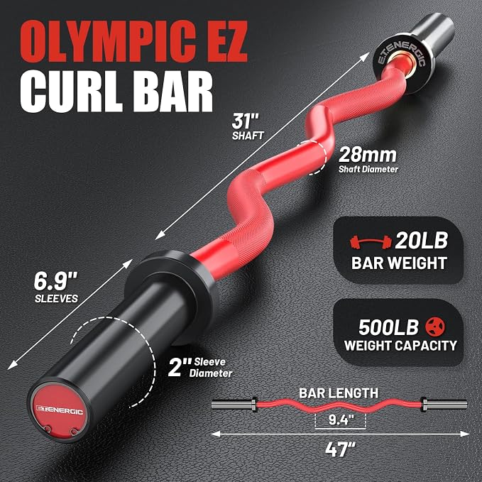 47” Solid Steel Olympic Curl Bars, 500LB | EZ and Super EZ curl bars with knurled grips, rotating sleeves, solid steel build, and 2-inch Olympic plate compatibility