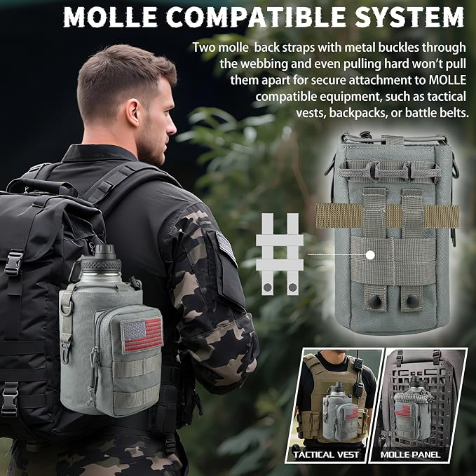 DEFUNX Half Gallon Water Bottle Insulated with Sleeve - Tactical 64 oz Stainless Steel Water Jug with MOLLE Water Bottle Pouch, Gym Water Bottles for Men Hiking Workout (Grey)